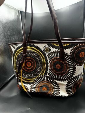 Neiman Marcus Boho Woven Tote Geometric Print Leather Handle Bag